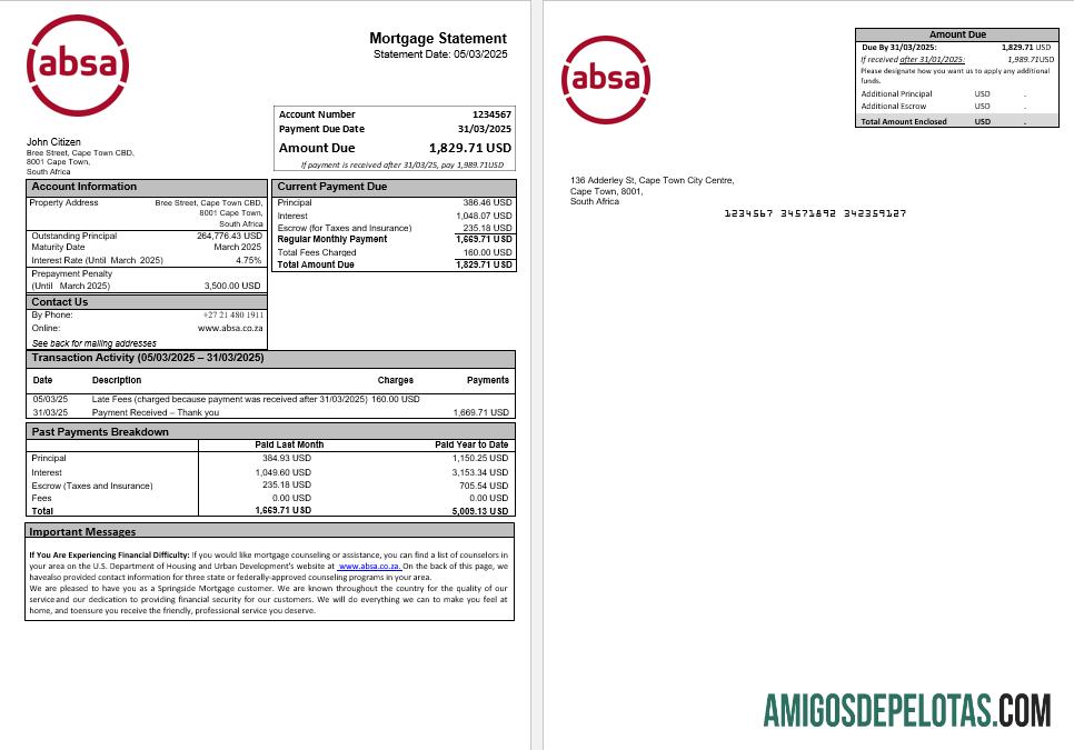 Declaração de hipoteca do banco ABSA da África do Sul em formatos Word e PDF baixar para verificação